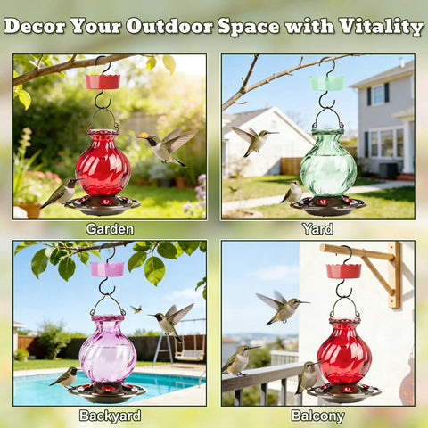 Hummingbird Feeder Glass 26 Ounces Outdoor Hanging With Ant Moat 5 Flower Ports Rustproof And Leakproof Netted Flower Bud Bottle Red US Patent Design Keeps Bees And Ants Out For Real displayed in garden, yard, backyard, and balcony settings with hummingbirds.