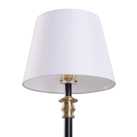 Two Tone Oil Rubbed Bronze And Antique Brass Table Lamp With Crisp White Tapered Shade, ideal reading light for living room or desk.