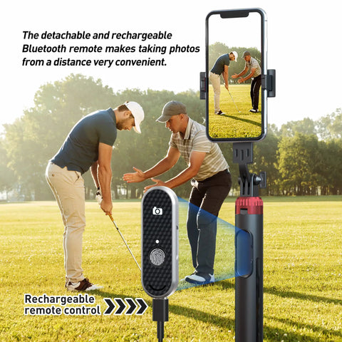 62 Inch Extendable Phone Tripod And Selfie Stick For Golf Training With Wireless Remote And Universal Phone Holder displayed outdoors.