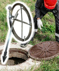 Heavy Duty Drain Auger Snake For Beefily Knocking Out Stubborn Yard Clogs And Sewer Blockages Featuring Flexible Impact Head and Smart Storage Rack for pipes up to sixteen inches wide, shown with maneuverable handle.