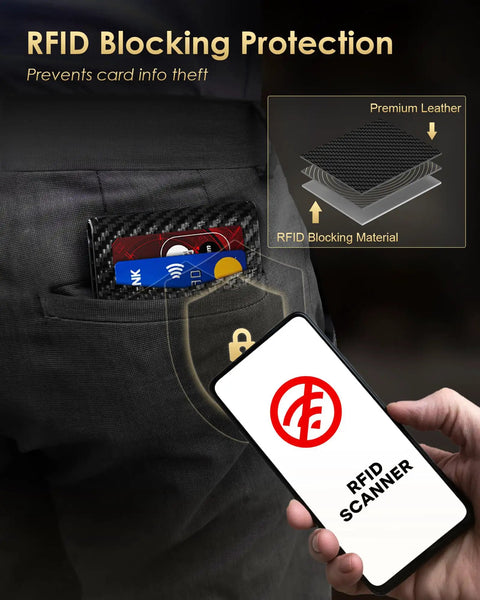 Slim RFID Blocking Wallet For Men With Pop Up Card Holder in pocket, RFID scanner illustration, carbon fiber finish, gift boxed.