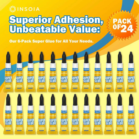 All Purpose Cyanoacrylate Glue Quick Dry Instant Bond 24 Pack 3g Tubes With Fine Tip arranged in rows on display
