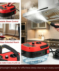 2500W Handheld High Temperature Steam Cleaner with 6 Adjustable Steam Levels and 105 Degrees Celsius Steam Temperature for Kitchen Car Bathroom and Hardwood Floors; Includes 5 Attachments and 15 Second Heat Up; shown in kitchen cleaning grease from range hood.