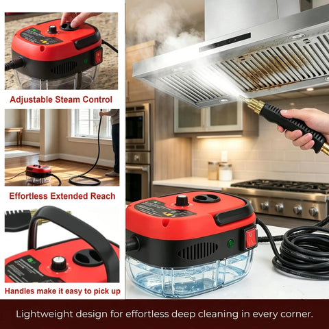2500W Handheld High Temperature Steam Cleaner with 6 Adjustable Steam Levels and 105 Degrees Celsius Steam Temperature for Kitchen Car Bathroom and Hardwood Floors; Includes 5 Attachments and 15 Second Heat Up; shown in kitchen cleaning grease from range hood.