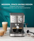 Compact Espresso Machine With 15 Bar Pump And Steam Wand Milk Frother Automatic Coffee Maker on countertop with two espresso shots and lattes.