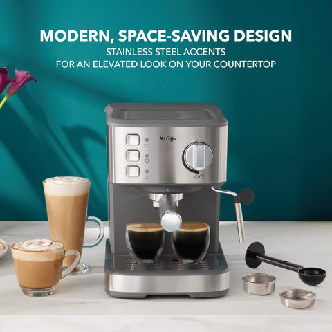 Compact Espresso Machine With 15 Bar Pump And Steam Wand Milk Frother Automatic Coffee Maker on countertop with two espresso shots and lattes.