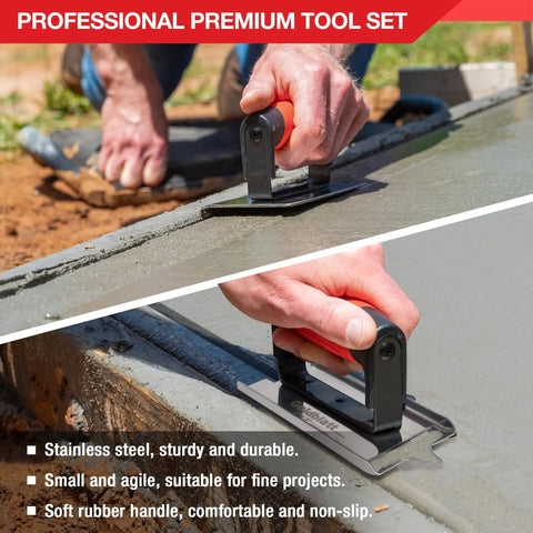 Pro Grade Stainless Steel Concrete Edger And Groover Tool Set With 6 Inch Edger And 6 Inch Groover Quarter Inch Radius Edging Half Inch Wide Groover Profile Durable Masonry Hand Tools For Smooth Concrete Finishing And Precise Edges in use.