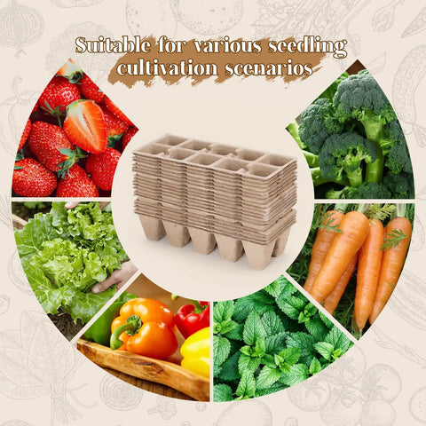 Eco Friendly 200 Cell Seed Starter Tray Kit with Biodegradable Peat Pots surrounded by various vegetables and fruits.