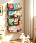 4 Pack Wall Mounted Metal Kids Bookshelf Floating Shelves For Nursery Toddler Room Straight Up Solid Wire Storage Rack displaying colorful books.