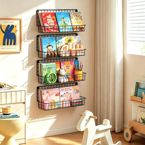 4 Pack Wall Mounted Metal Kids Bookshelf Floating Shelves For Nursery Toddler Room Straight Up Solid Wire Storage Rack displaying colorful books.