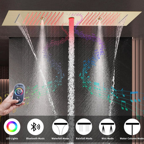 Straight Up Premium Dual Rain Shower System In Slick Brushed Gold Finish Featuring LED Ceiling Head with multiple spray modes.