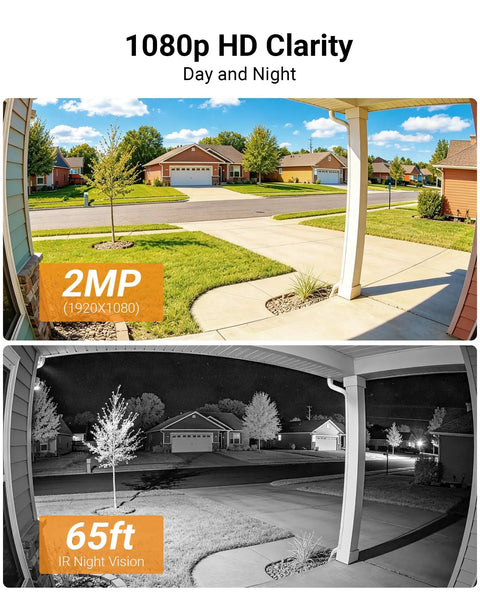 Kick Up Your Yard Watch With This Rock Solid 1080P Pan Tilt Wired Security Camera showing day and night 2MP clarity and 65ft IR vision.