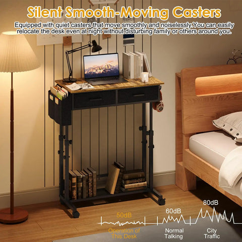 Rolling Height Adjustable Standing Desk On Wheels With Two Fabric Drawers And Storage Shelf Side Pocket And Hook Portable Laptop Table For Home Office Or Small Spaces 31.4 In By 15.7 In Rustic Brown beside a bed in a room.