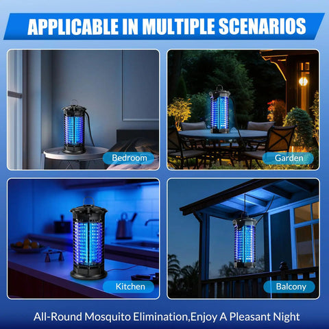 Indoor and Outdoor Bug Zapper With 1000V High-Efficiency Mosquito Killer shown in bedroom, garden, kitchen, and balcony settings