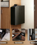 Grab That Biometric Slider Safe With Four Fast Unlocks, Wall Mountable Vault For Nightstand, Desk, Or Daily Ride, Rock Solid Home Defense Lock Box Keeping Your Valuables Locked Down Tight mounted in a wooden wardrobe.