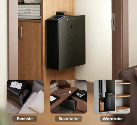 Grab That Biometric Slider Safe With Four Fast Unlocks, Wall Mountable Vault For Nightstand, Desk, Or Daily Ride, Rock Solid Home Defense Lock Box Keeping Your Valuables Locked Down Tight mounted in a wooden wardrobe.