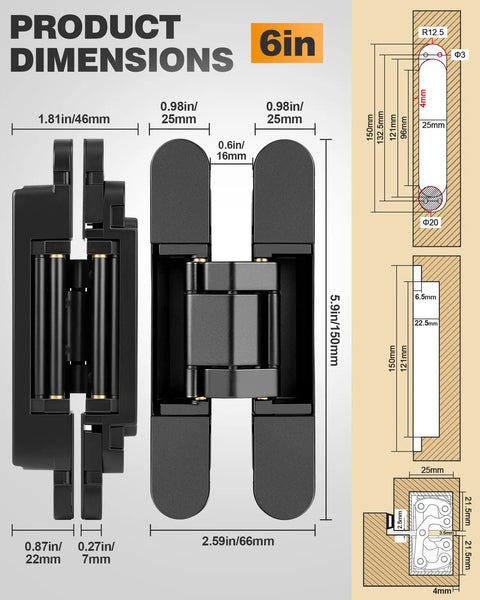 Heavy Duty Hidden Door Hinge Set With 6 Inch Concealed Hinges product dimensions and technical drawings