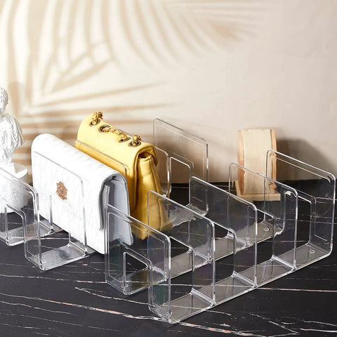 Clear Plastic Purse Organizer For Closet, 13 By 6 By 5 Inches, 4 Section Shelf Dividers with purses displayed on shelves