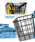 Two Pack Pegboard Baskets For 1/8 And 1/4 Inch Pegboards, Heavy Duty Metal Bins And Wall Mount Hooks, front and side view.
