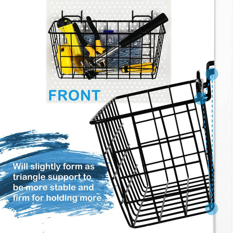 Two Pack Pegboard Baskets For 1/8 And 1/4 Inch Pegboards, Heavy Duty Metal Bins And Wall Mount Hooks, front and side view.