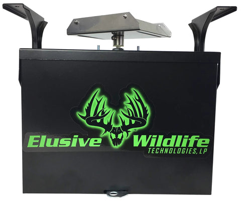 Weatherproof 12V Feeder Control Box Kit With High Torque Motor And Swing Gate Spinner Plate To Stop Wind Driven Feed Loss, Built Tough Heavy Duty Steel Housing, Powder Coat Finish, Adjustable T Bracket Mounts, Battery And Digital Timer Not Included