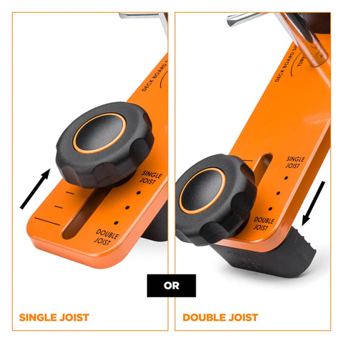 Heavy Duty Deck Board Straightener And Bow Clip Lever Tool showing dial settings for single and double joists.