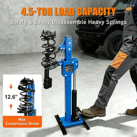 4.5 Ton Hydraulic Strut Spring Compressor with foot pedal in garage setting