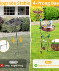 Comparison of bird bath stands; right side shows a 2 In 1 Outdoor Bird Bath And Feeder Stand, Freestanding Copper Metal Bird Bath For Garden, Patio Or Yard, Weatherproof, Rust Resistant, Heavy Duty 4 Prong Base; left side shows a less stable 2-prong base stand.