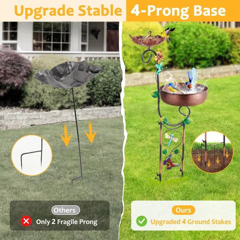 Comparison of bird bath stands; right side shows a 2 In 1 Outdoor Bird Bath And Feeder Stand, Freestanding Copper Metal Bird Bath For Garden, Patio Or Yard, Weatherproof, Rust Resistant, Heavy Duty 4 Prong Base; left side shows a less stable 2-prong base stand.
