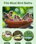 Pure Copper Bird Bath Purification Disk Solar Powered Outdoor No Chemicals Needed Water Cleaner For Backyard Hummingbirds Keeps Bath Water Clean Naturally Safe Durable Rust Resistant Fountain Bowl Pedestal Accessory installed in a bird bath with birds.