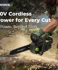 Person using 20V Cordless Chainsaw With 10 Inch Bar, 4.0Ah Battery And Charger, Auto Oiler, Tool Free Chain Tension in yard work