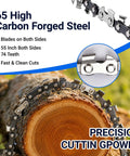 65 high carbon steel chain on log, part of 55 Inch Rope Saw Kit With 72 Teeth And 46 Feet Of Ropes For Camping And Survival.