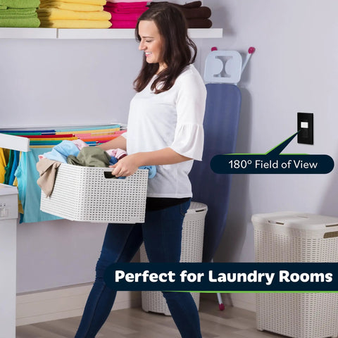 Woman holding laundry basket with Motion Sensor Light Switch With PIR and Ambient Light Detection installed in laundry room wall.