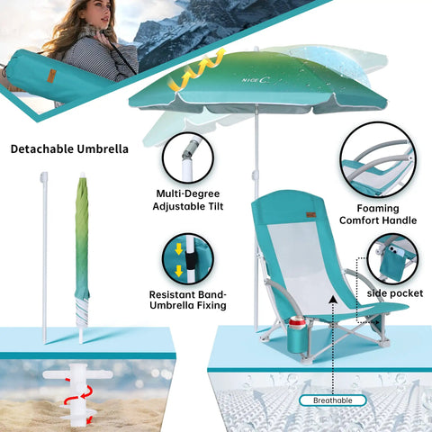 High Back Beach Chair With Umbrella And Cooler Cup Holder shown with detachable umbrella and comfort handle