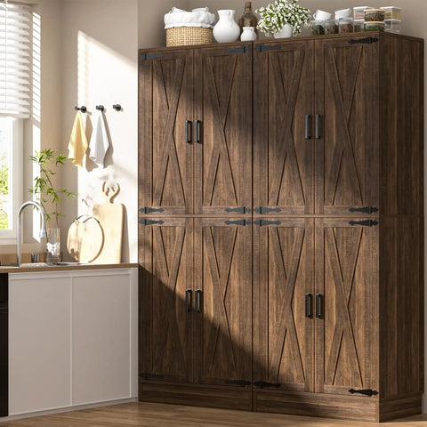 Heavy Duty 71 Inch Tall Farmhouse Pantry Cabinet With Genuine Barn Doors And Adjustable Shelves To Beat Kitchen Chaos And Level Up Your Whole Home Storage Game For Days in a sunlit kitchen.