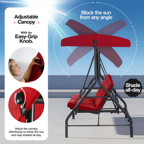 Adjustable canopy of a three-seat patio swing with easy-grip knob for sunshade, highlighted in use by person reclining, in burgundy color.
