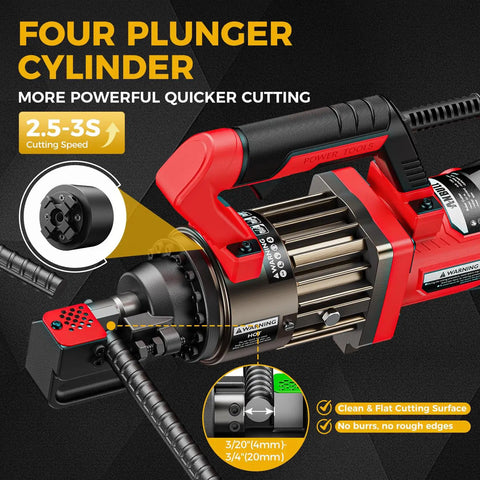 Anbull 1300W Electric Hydraulic Rebar Cutter with four plunger cylinder for quick cutting and clean surfaces.