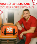 Fully stocked EMT trauma bag, orange fabric with Star of Life logo, front view
