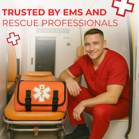Fully stocked EMT trauma bag, orange fabric with Star of Life logo, front view