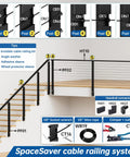 10 Pair Black Cable Railing Kit With Invisible One Eighth Inch Swage Tensioners And Hidden Thin Head Terminals In Stainless Steel For 2 By 2 And 4 By 4 Wood Posts Deck And Stairs Meets Code With Clean Hidden Ends, shown installed on stairs and balcony with detailed components view.