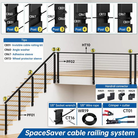 10 Pair Black Cable Railing Kit With Invisible One Eighth Inch Swage Tensioners And Hidden Thin Head Terminals In Stainless Steel For 2 By 2 And 4 By 4 Wood Posts Deck And Stairs Meets Code With Clean Hidden Ends, shown installed on stairs and balcony with detailed components view.