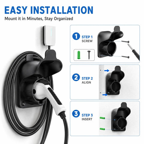 Installation guide for Tough As Nails Heavy Duty Nylon EV Charger Holder Wall Mount for outdoor use with SAE J1772 cord.