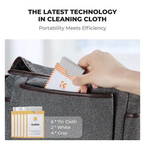 K&F Concept 6-pack microfiber lens cleaning cloths, white/gray; front view with hand pulling one from a bag pocket.