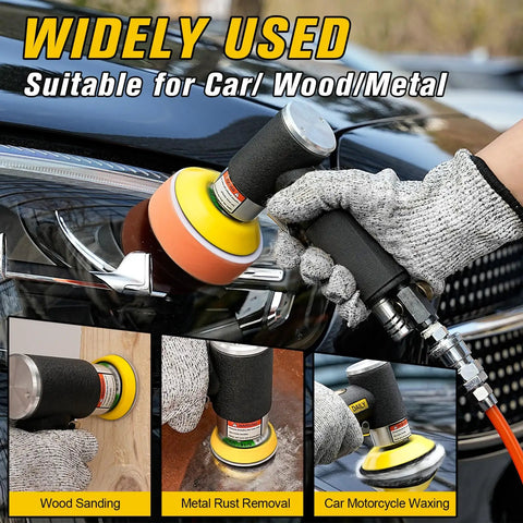 All In One Mini Random Orbital Air Sander Kit With 1, 2 And 3 Inch Heads being used on car chrome for auto body work