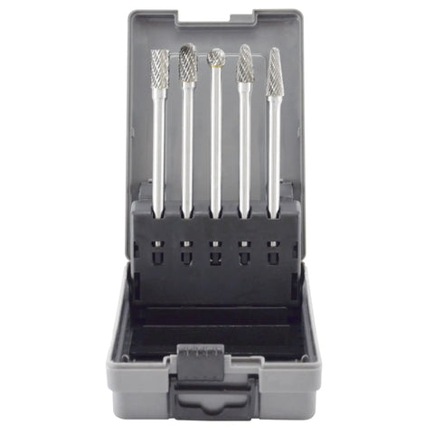Tough As Nails Long Double Cut Carbide Burr Set With Five Tungsten Rotary Bits in storage case for steel grinding tasks.