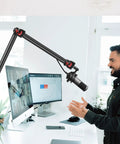 Overhead Camera Mount Desk Stand With 3 Section Detachable Arm And 360 Degree Ball Head in use with microphone for desktop rig
