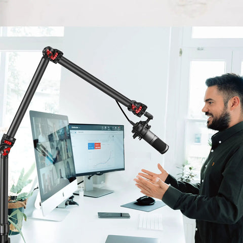 Overhead Camera Mount Desk Stand With 3 Section Detachable Arm And 360 Degree Ball Head in use with microphone for desktop rig