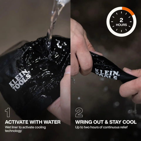 Activation process of Prime Pick Cooling Hard Hat Liner For Work Grind XL, showing the wet liner and wringing out for cooling relief.