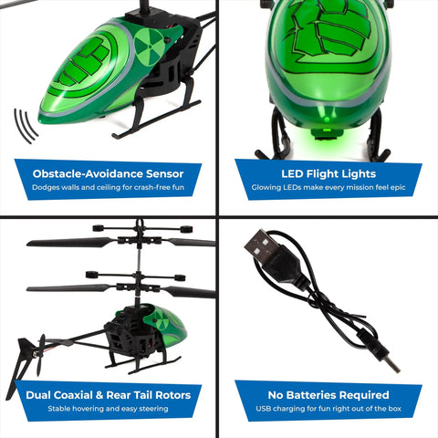 Hulk Themed RC Helicopter with Easy Fly Remote Control, LED Lights, durable polymer body, coaxial and rear rotors, USB charging cable
