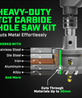Tungsten carbide hole saw kit, 22-piece set with drill bits, blades and wrenches for metal, stainless steel and wood